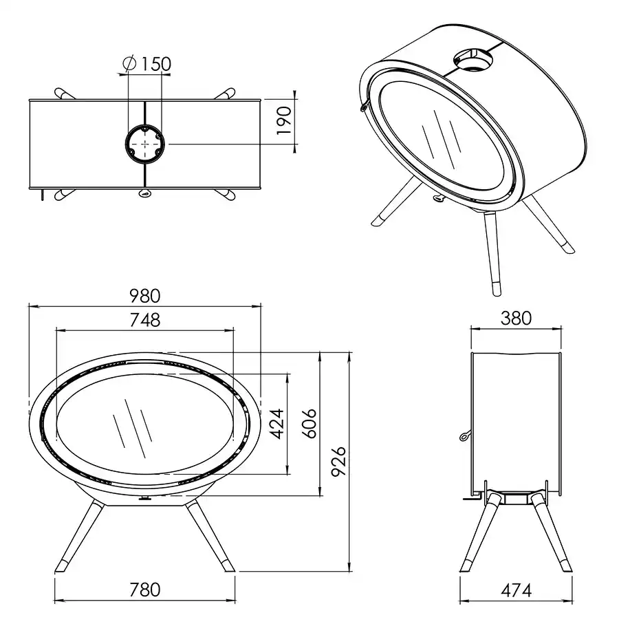 Wood stove Oval shape medidas