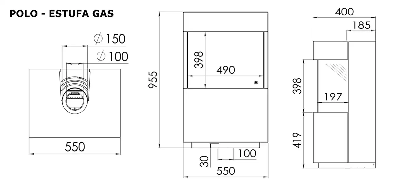 Gaskamin 3 Seiten Polo - estufa de gas dru polo medidas