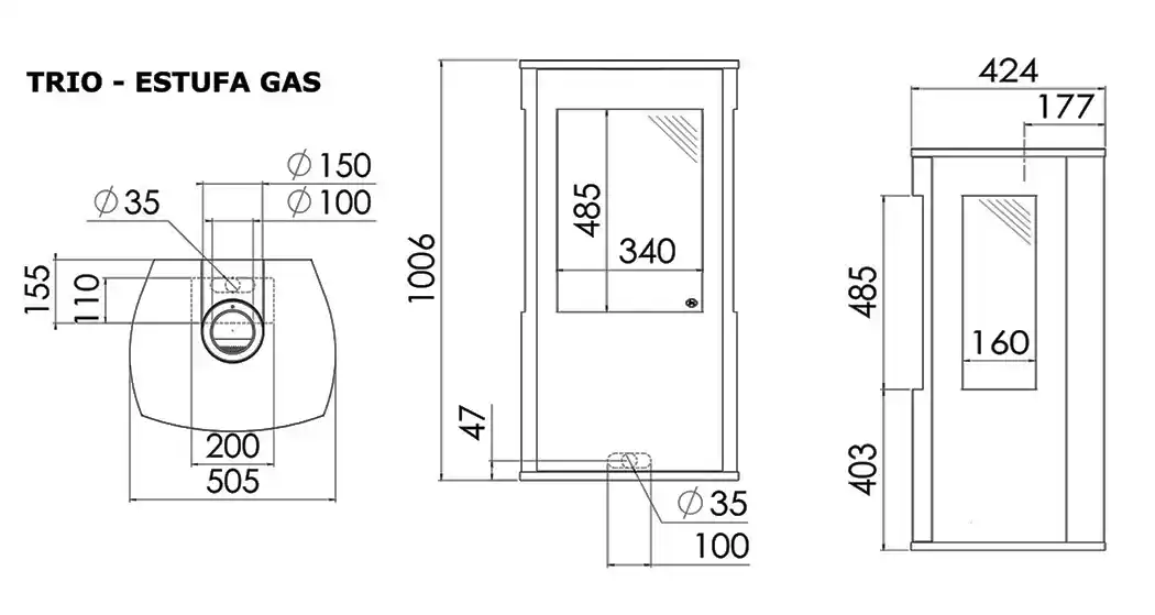 Estufa de gas cuadrada 3 lados trio Estufa de gas cuadrada 3 lados trio medidas